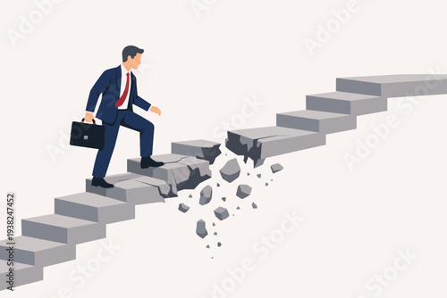 Businessman in suit climbing a stone staircase with a broken gap, symbolizing career obstacles, business risks, challenges, and the determination to overcome failure to reach success and goals.