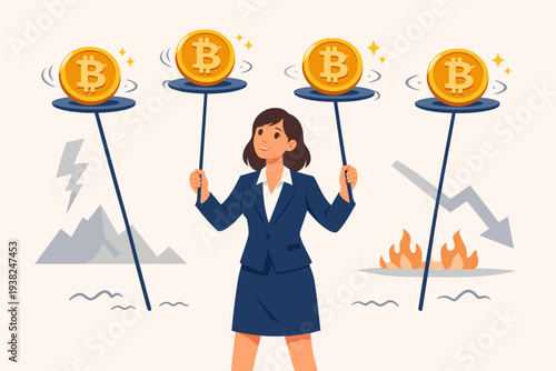 Businesswoman balancing bitcoin coins on spinning plates amidst market volatility, fire, and lightning, symbolizing the high risk and complex challenge of cryptocurrency investment and trading.