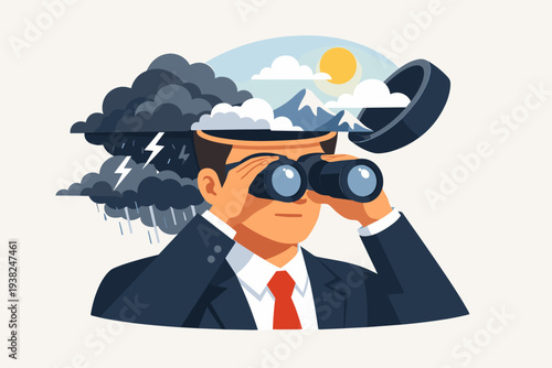 Businessman with binoculars and open head showing storm and sunny landscape, representing clear business vision, future opportunity, overcoming challenges, and strategic foresight for success.