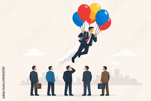 Businessman Flying with Jetpack and Colorful Balloons Rising Above Crowd of Colleagues, Representing Innovation, Leadership, Success, Unique Skills, and Winning Business Strategy Concept Illustration