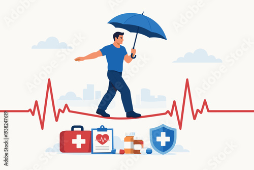 Health Insurance and Medical Risk Concept with Man Walking on Heartbeat Line Tightrope Holding Umbrella for Protection, Healthcare Security, Disease Care, and Illness Prevention Vector Illustration