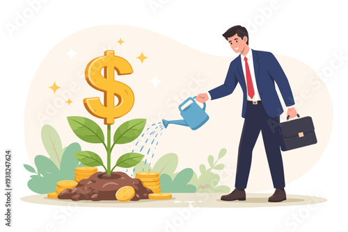 Businessman watering a growing money tree with a large dollar sign and gold coins, symbolizing financial growth, investment success, wealth accumulation, and profitable business strategy.