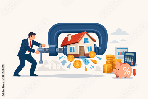 Businessman tightening a clamp on a house to reduce mortgage costs and interest rates, financial planning for home ownership, budget management, debt reduction, and real estate investment concept.