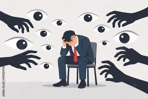 Businessman suffering from paranoia and mental health disorder sitting on a chair surrounded by watching eyes and reaching shadow hands, concept of anxiety, fear, panic, and social pressure.