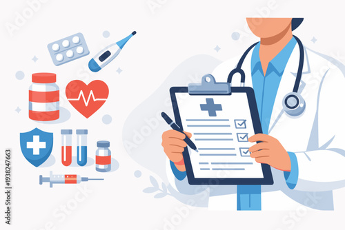 Doctor holding medical clipboard for health check diagnosis and prescription. Healthcare concept with stethoscope, thermometer, pills, syringe, heart rate, and insurance document illustration.