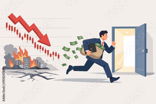 Businessman Running Away from Stock Market Crash with Bag of Money towards Exit Door, Concept of Market Timing, Financial Crisis, Economic Downturn, Profit Taking and Investment Exit Strategy.