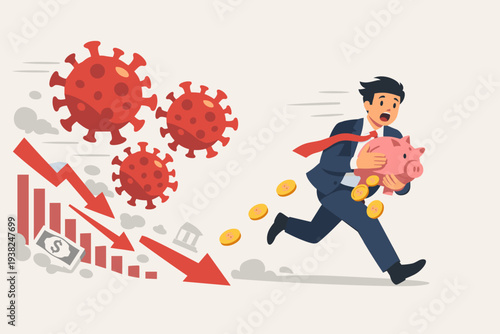 Businessman Running from Coronavirus with Piggy Bank and Falling Coins During Stock Market Crash and Global Economic Crisis, Financial Panic and Risk Off Investment Strategy Vector Illustration