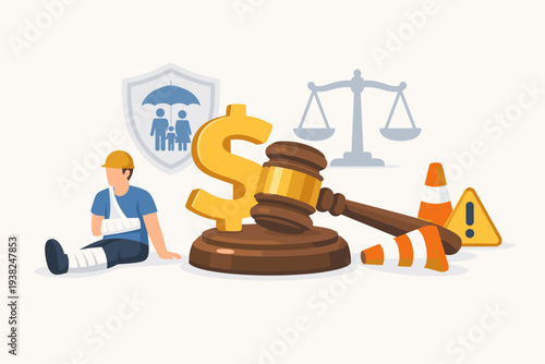 Workers Compensation Insurance and Personal Injury Law Concept with Injured Employee, Judge Gavel, Scales of Justice, and Dollar Sign for Wage Replacement and Medical Benefit Claims Illustration