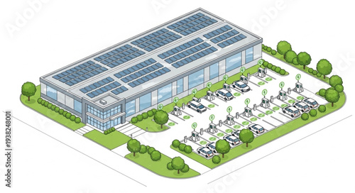 Modern Commercial Building with Solar Panels and Parking Lot.