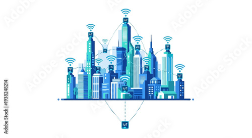 City Skyline with WiFi Signals.