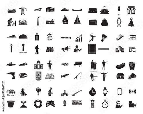 A collection of various black silhouettes of objects and people on a white background silhouette