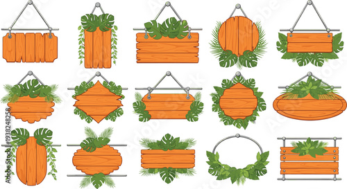 Rustic Wooden Sign Boards Collection with Green Leaves and Botanical Decorations Vector Illustration Set