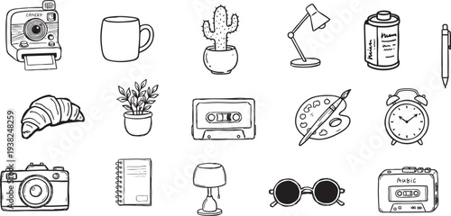 Vintage Retro Lifestyle Objects Seamless Pattern with Cameras Cassettes and Coffee, Hand Drawn Doodle Vector for Millennial Aesthetic Decor