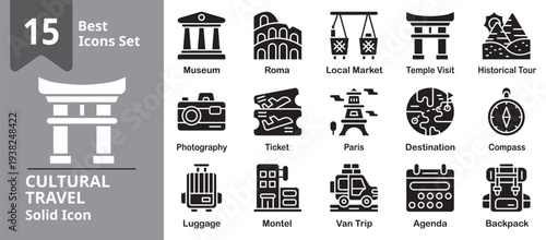 Cultural Travel Icon set. Including culture, travel, tourism, heritage, tradition, history and more. Solid vector icons collection. Vector Illustration.
