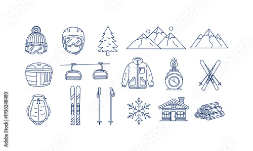 Winter sports icons set, ski equipment, snow mountain, outdoor activities