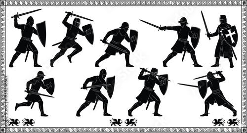 Set of black silhouettes depicting medieval warriors in different battle stances, armed with swords and shields, on a white background.