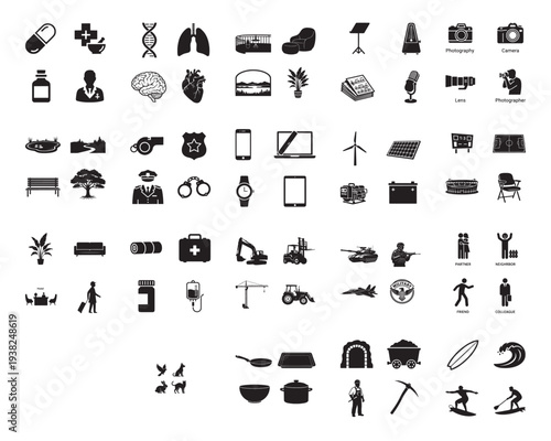 A collection of various black medical, technology, and lifestyle icons on a white background in silhouette mode