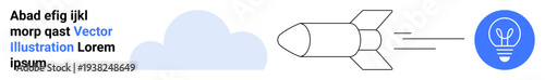 Technology, innovation, creative thinking, energy, future planning, goal achievement. Minimalist rocket aiming toward a glowing light bulb. Innovation and technology theme