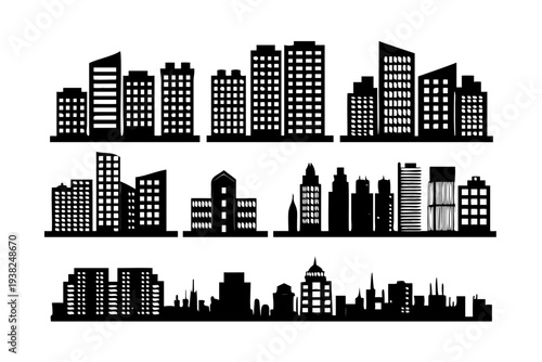 City skylines with varied architectural styles and building heights.