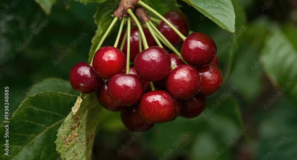 Fototapeta premium Cluster of ripe cherries surrounded by green foliage close up