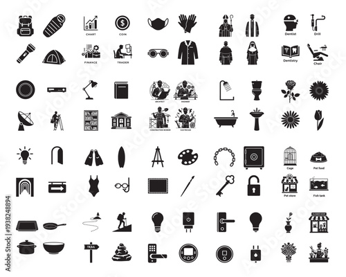 A collection of various black and white icons on a clean white background silhouette