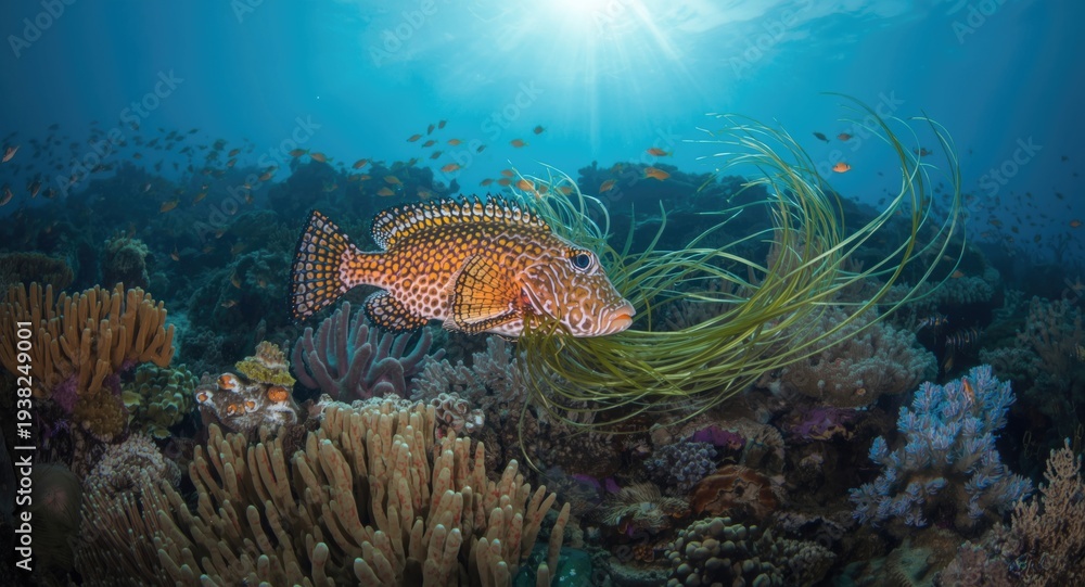 Fototapeta premium A colorful marine species holding algae amidst a diverse coral reef community