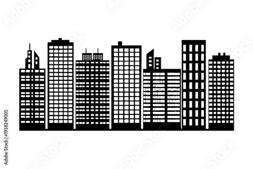 Urban cityscape with modern skyscrapers and office buildings.