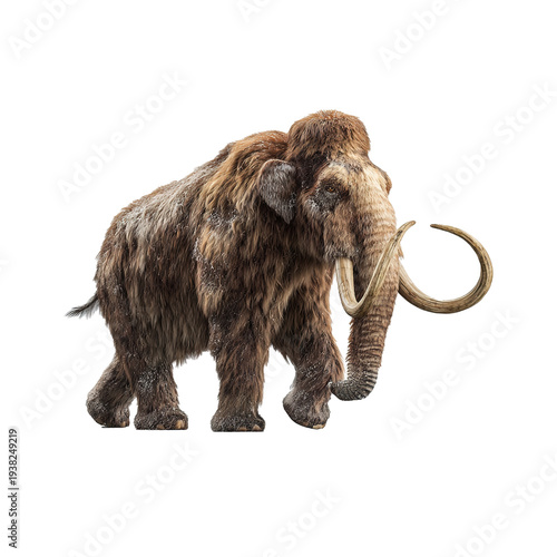 Woolly mammoth walking with raised trunk. Ice age animal concept transparent background