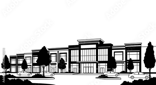 Commercial building exterior illustration daytime render cars trees landscaping black and white