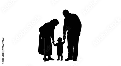 Family silhouette holding hands three generations together concept