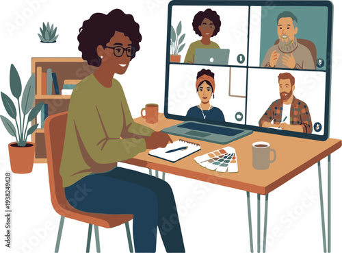 Woman designer in video conference meeting with creative team