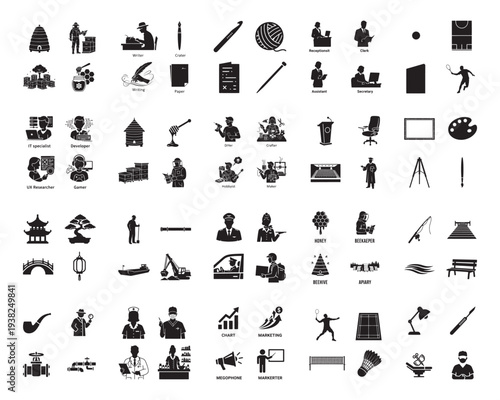 A collection of various black silhouettes of people working and creating on a white background silhouette