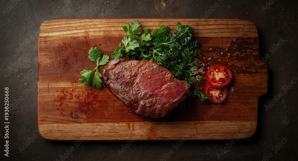 Fototapeta premium Top down shot of dry aged Wagyu ribeye steak placed on burnt timber board accompanied by leafy greens and tomato slices with copy space