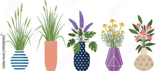 Decorative House Plants in Modern Flower Pots Collection with Indoor Botanical Plants Vector Illustration Set
