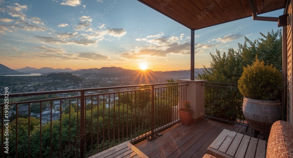Fototapeta premium Charming balcony sunset with warm wooden table and panoramic landscape ideal for marketing