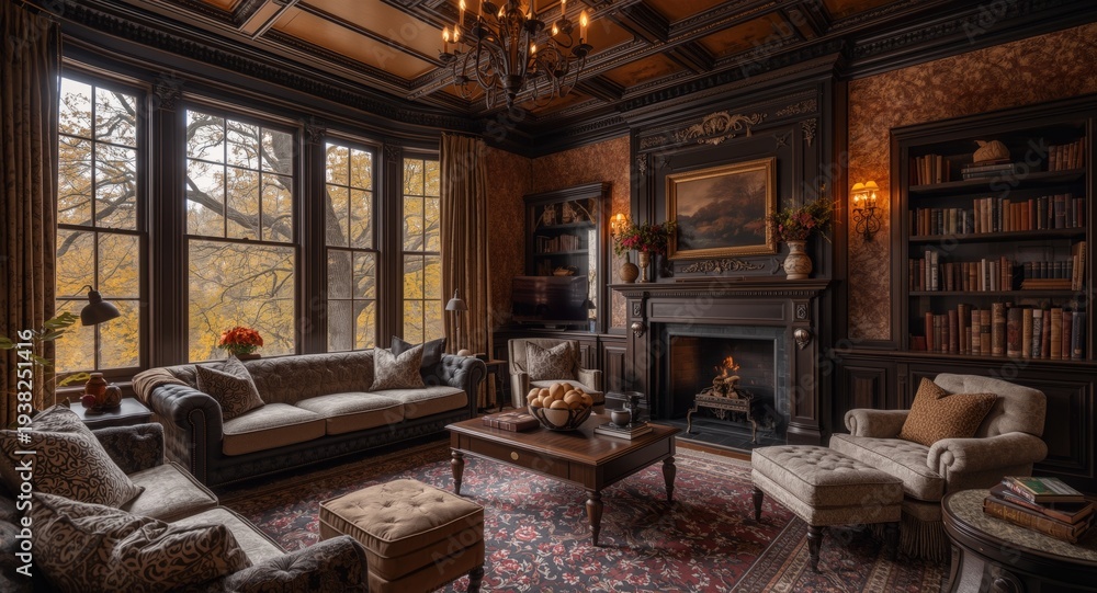 Naklejka premium Autumn-inspired cozy living room of a Victorian mansion with grand window views