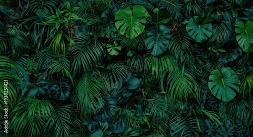 Dense tropical foliage background featuring a vibrant vertical greenery wall with contrasting lush leaves