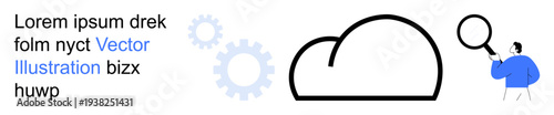 Technology, data management, cloud storage, analytics, software solutions, research. Man with magnifying glass near cloud and gears. Technology and data management concept