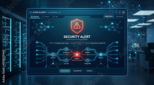 Cloud security alert illustration minimal warning symbol structured futuristic interface digital Cloud security alert illustration with minimal warning symbol inside structured futuristic digital