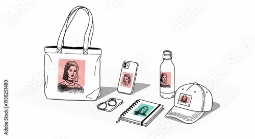 Illustration of accessories with custom designs on a white background.