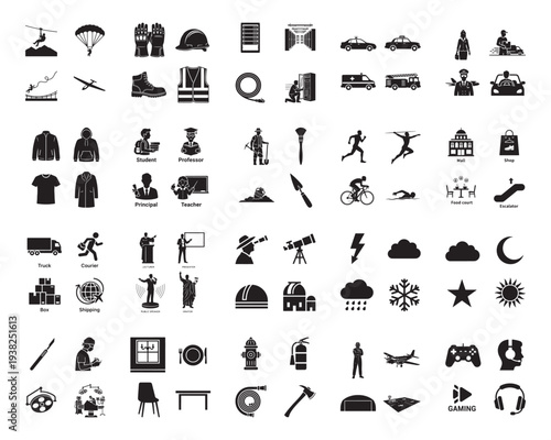 A collection of various black silhouettes on a white background in silhouette mode