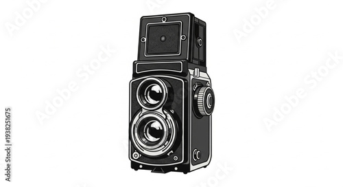 Vintage black and white twin lens reflex camera illustration.