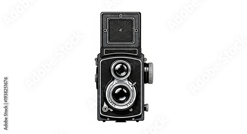 Vintage black medium format camera on white background.