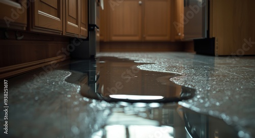 Close up of leaking water spreading flood across kitchen floor space