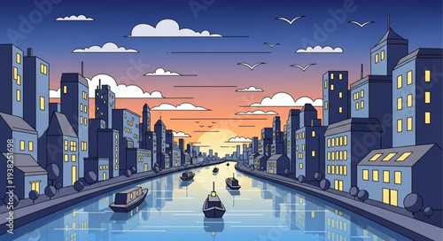 Cityscape with canal and boats at dusk with vibrant sky.