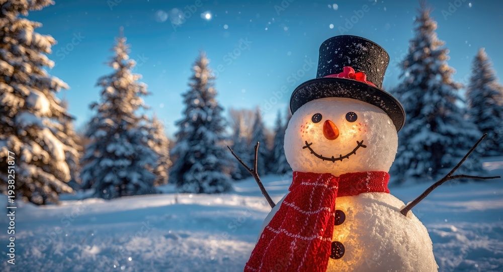 Obraz premium Festive snowman glowing with happiness in a snowy holiday landscape