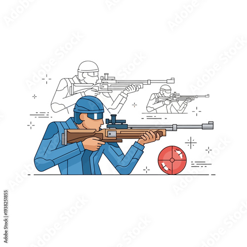 Biathlete aiming rifle at target, winter sport competition, precision shooting