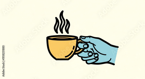 Hand holding a steaming cup of coffee or tea.