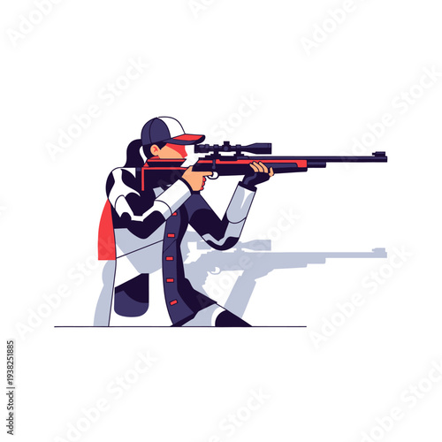 Athlete aiming rifle with scope, shooting sport competition, focus and precision
