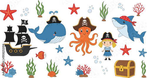 Cute Pirate Sea Animals and Treasure Elements Set with Whale Shark Octopus Pirate Ship Coral Starfish Cartoon Vector Illustration